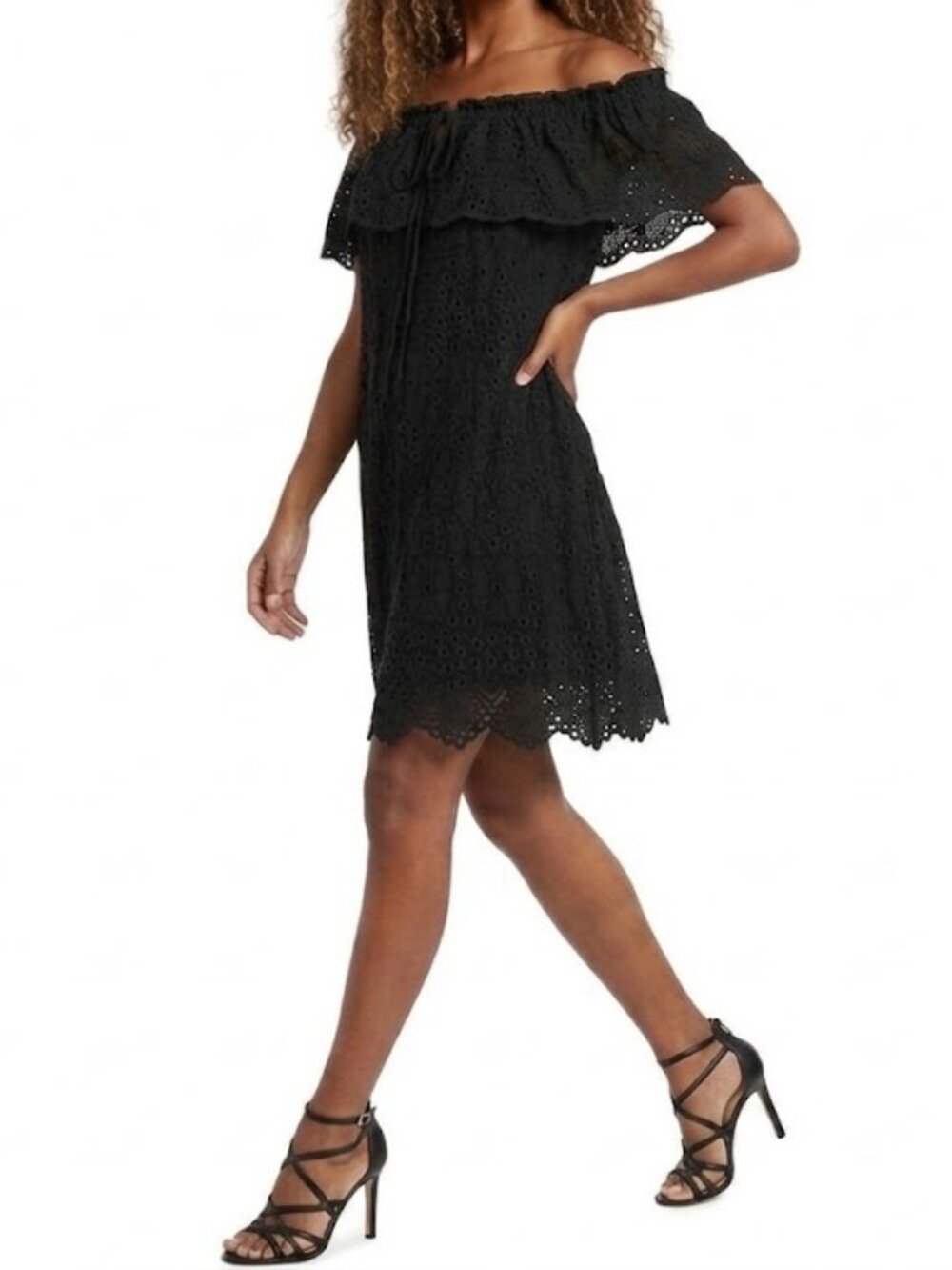 Black Eyelet Dress Size Medium Ruffle Neckline Cotton Lined Summer Dress